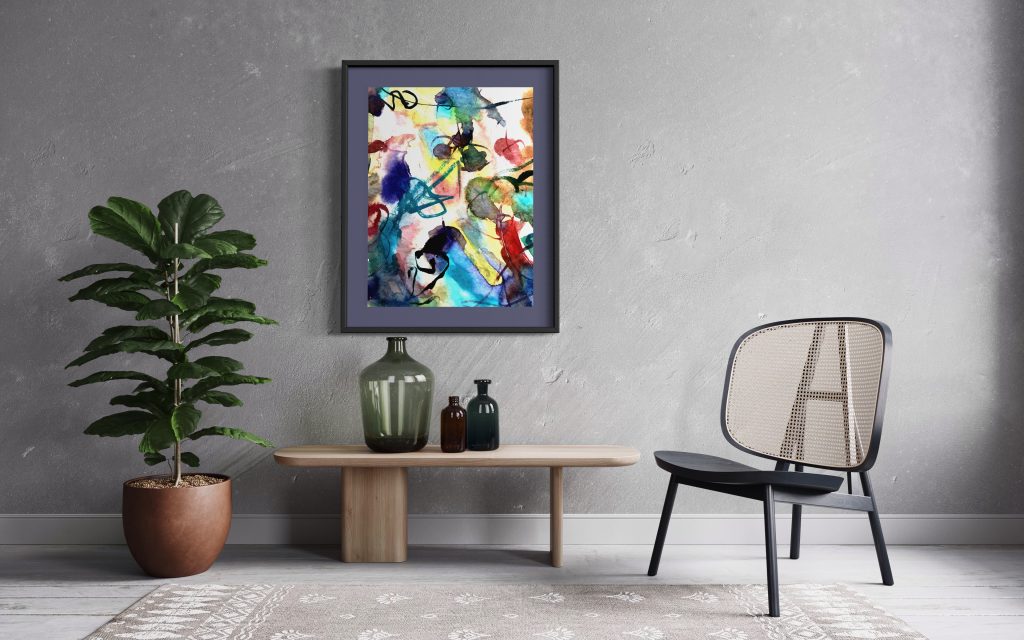 You see a framed original artwork by NonAnoN displaying abstract shapes in a colorful way in a modern architecture room