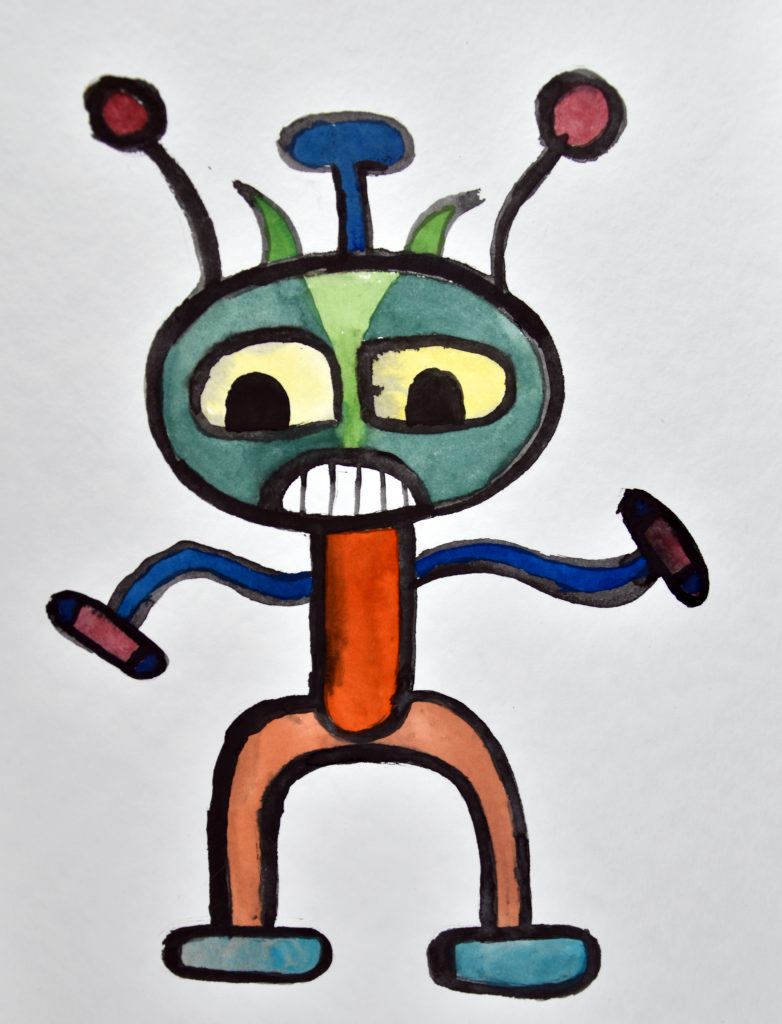 nftart alien chump a funny alien with a round head and pill like body and arms in green red and blue