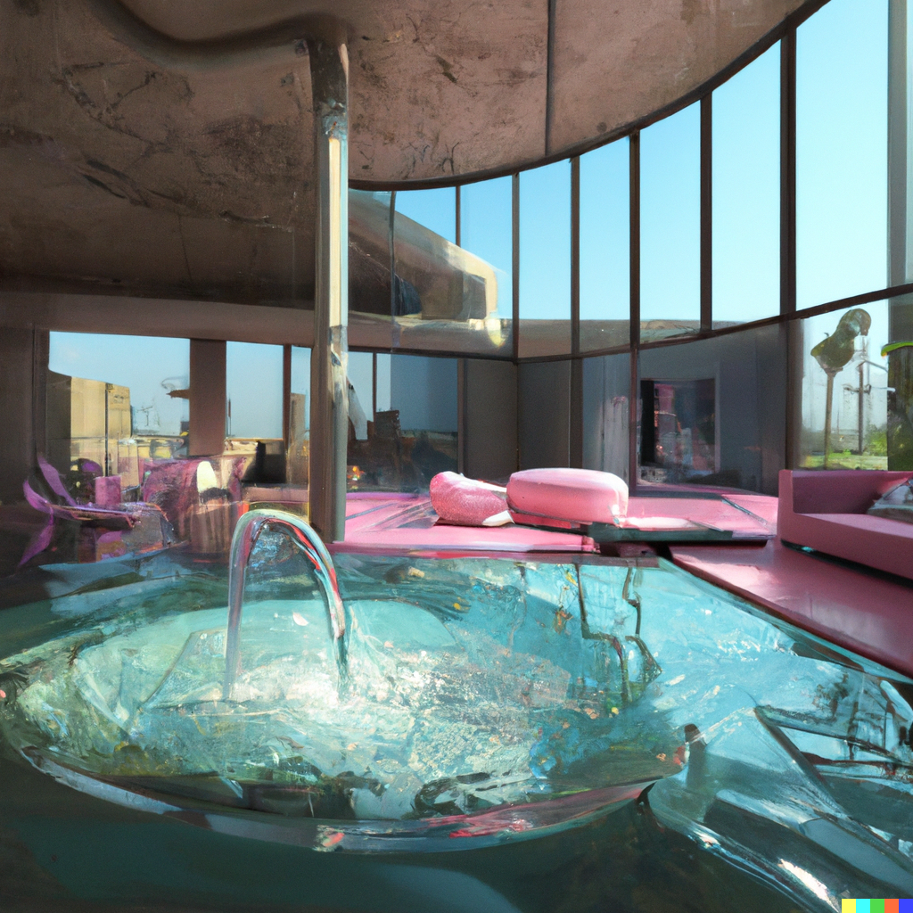 Ai generated pool hotel landscape in which you see water circulation in front of a purple lounge with large windows