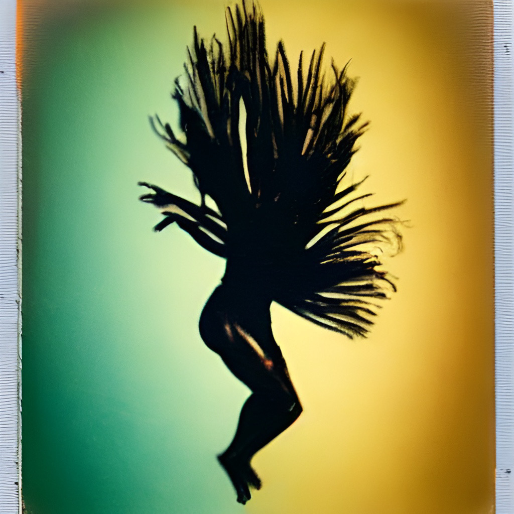 AI video art installation showing a shadow of long haired female dancer in front of a green yellow light background
