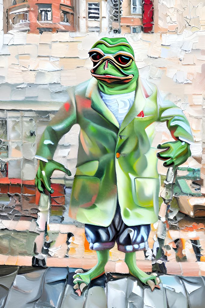 Pepe satanding in a suit in front of a wall painted with a rough oil brush pepeart