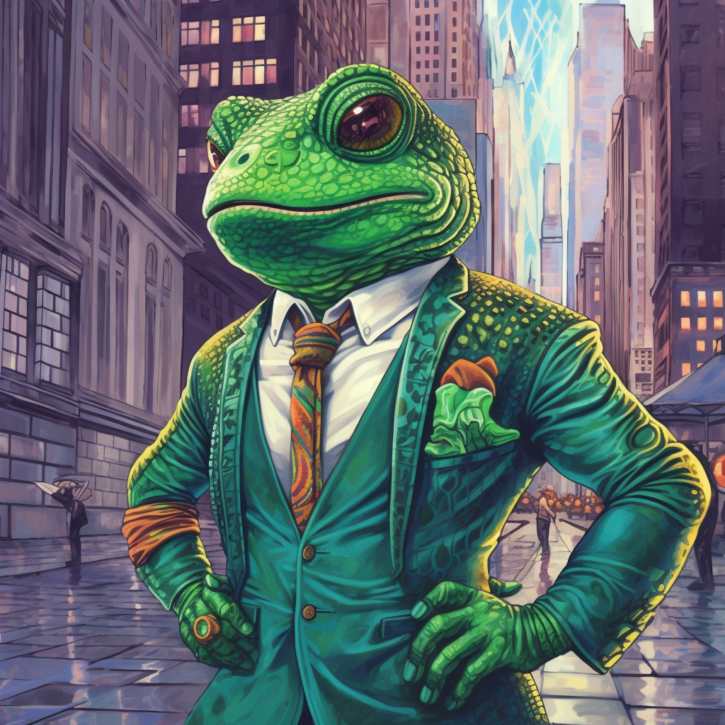the meme pepe in a green comic like business suit in front of painted wall streat 